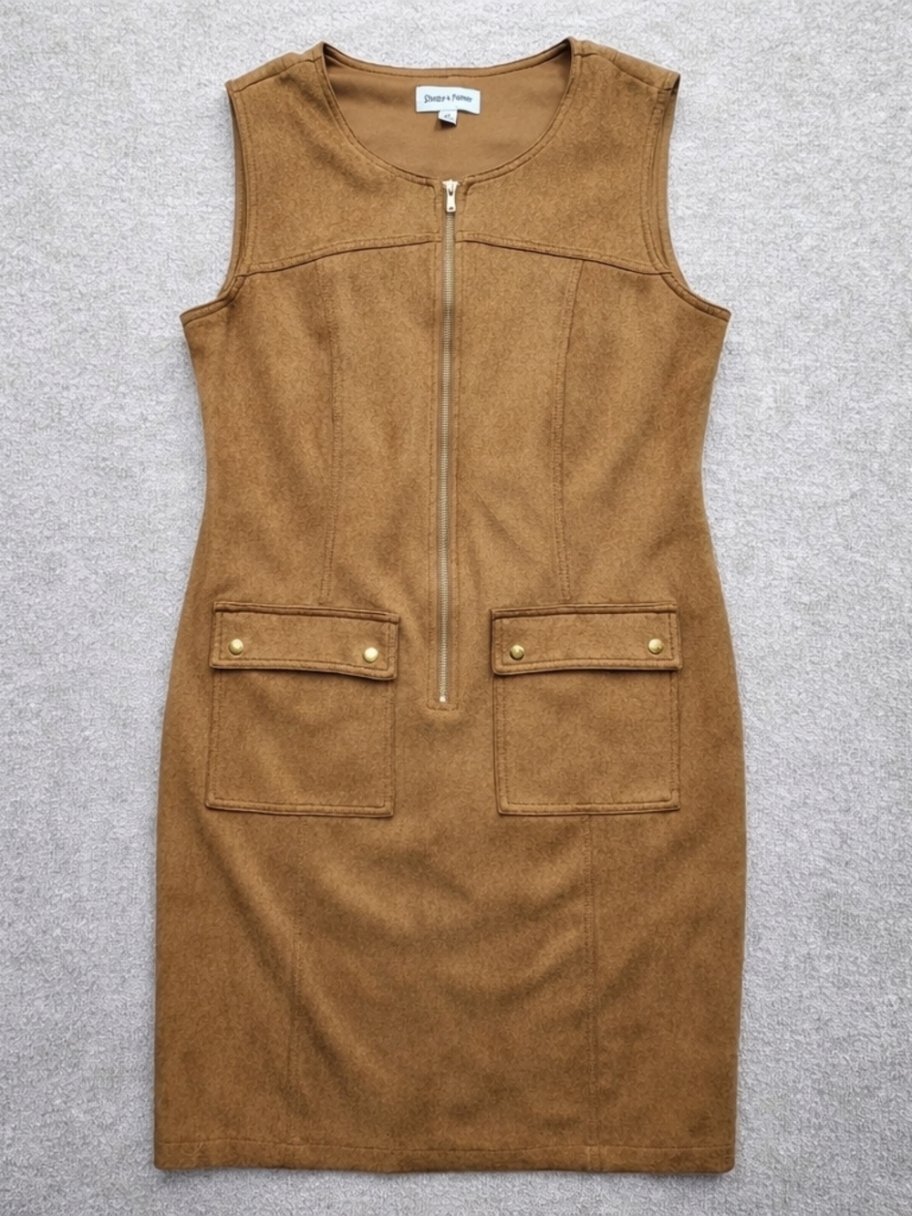 Shelby & Palmer Faux Suede Dress Gold Zip Pockets Sleeveless Size 14 - Picture 4 of 9